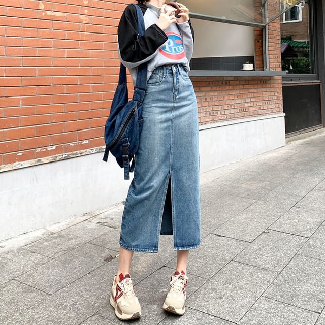 Magimomo - High Waist Front-Slit Washed Denim Midi Pencil Skirt