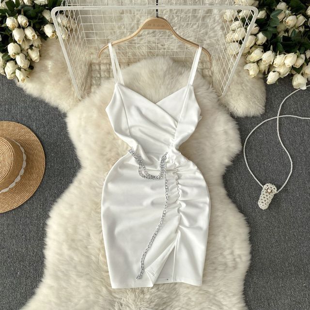 green emerald velvet dress Zimora Gold Buckle Waist Drape Maxi Dress White– Selfie Leslie main image 1
