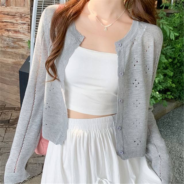 Magimomo-Crew Neck Perforated Button-Up Plain Crop Cardigan