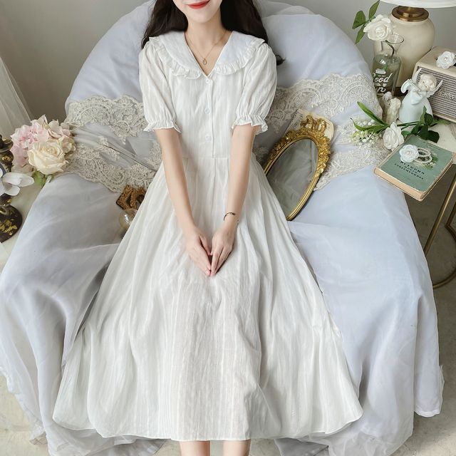 Moregirl - Short-Sleeve Collar Midi A-Line Dress | YesStyle
