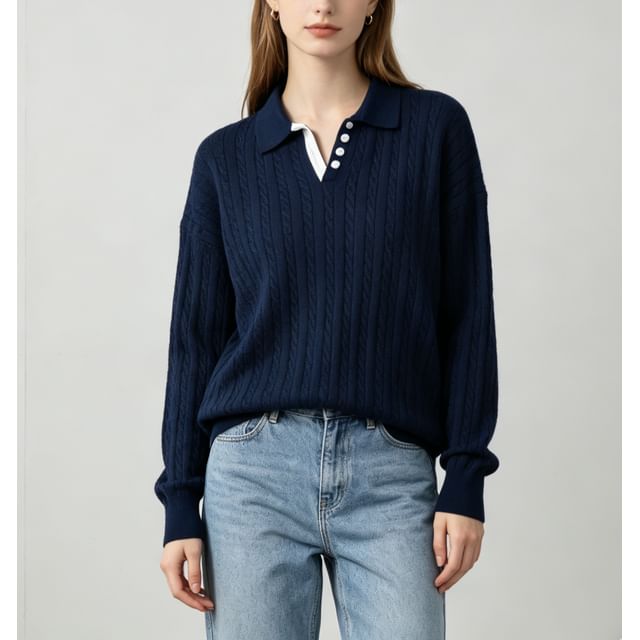 Asiris-Long-Sleeve Plain Polo-Neck Cable Knit Sweater
