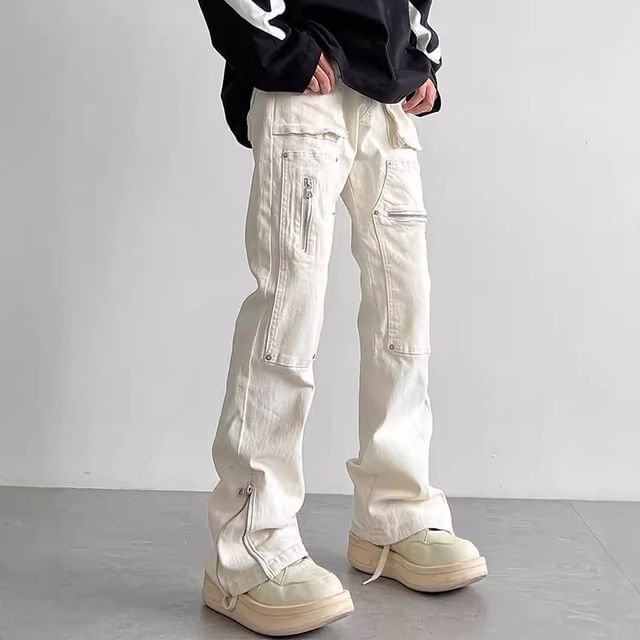 Savenne-Mid Rise Plain Wide Leg Cargo Pants