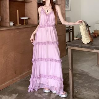 Spaghetti Strap V-Neck Plain Ruffle Tiered Maxi A-Line Dress