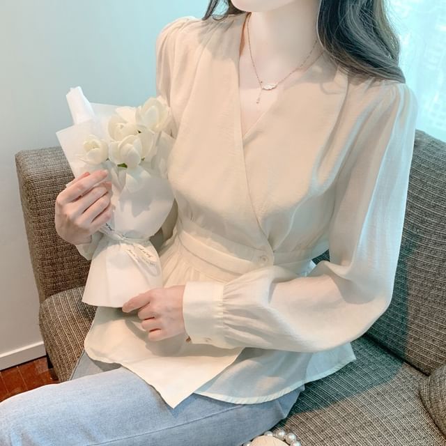 Dragan Pulse-Long Sleeve V-Neck Plain Gathered Wrap Blouse