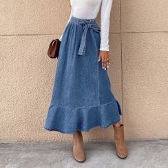 blossomgal - Ruffle Trim High-Waist Denim Midi A-Line Skirt
