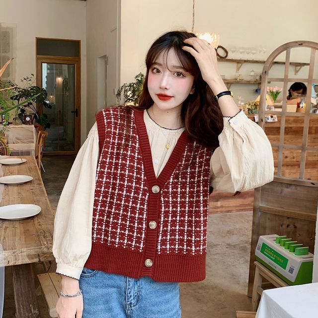 Yesstyle Checkered Knit Vest Secolo Long Sleeve Plain Shirt V-Neck
