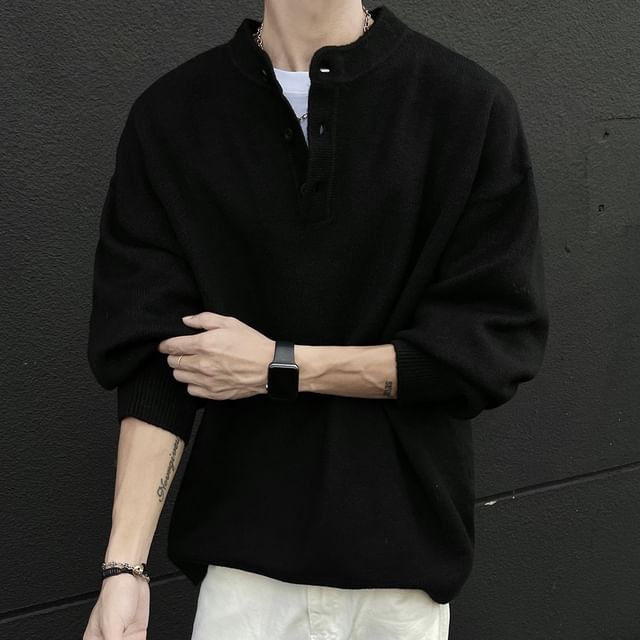 Nightbell-Long Sleeve Henley Neck Plain Oversized Sweater
