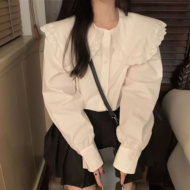 Sisyphi-Puff-Sleeve Plain Ruffled Button-Up Blouse