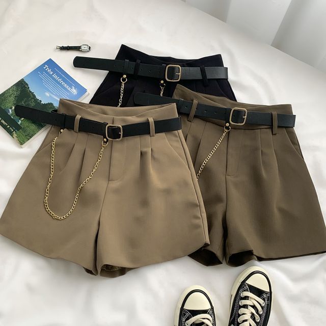 Babique - High-Waist Wide Shorts with Belt & Chain