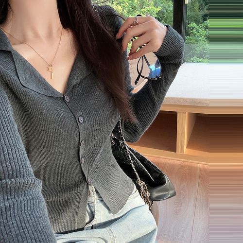 Long-Sleeve Lapel Collar Button-Up Knit Top
