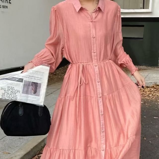 Lewwe-Long-Sleeve Collared Button-Up Plain Maxi Tunic Dress