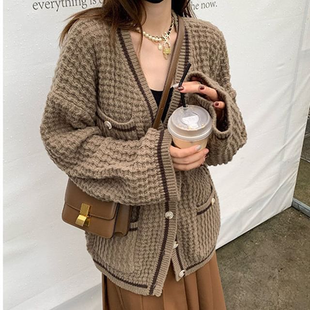 INEN-Pocketed Cable Knit Cardigan