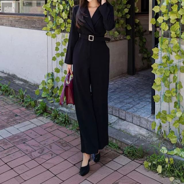 Yilda-Long-Sleeve Lapel Collar Plain Jumpsuit