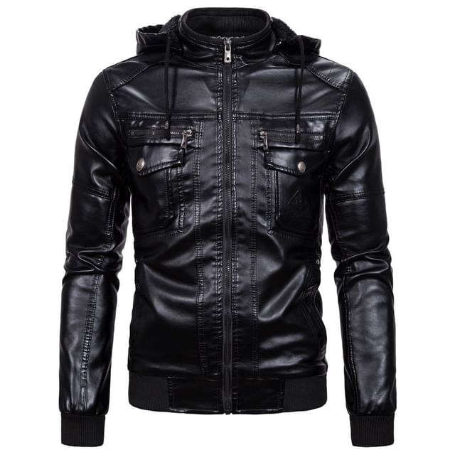 YIKES - Hooded Fleece-Lined Faux Leather Zip Jacket | YesStyle
