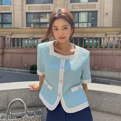 LIPHOP - Square-Neck Contrast-Trim Tweed Jacket