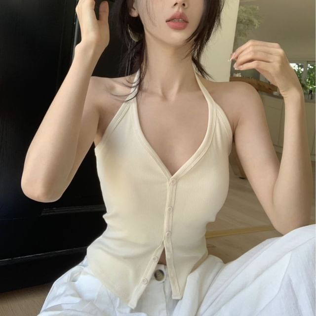 Wildery-Halter V-Neck Padded Button-Up Plain Open Back Crop Top