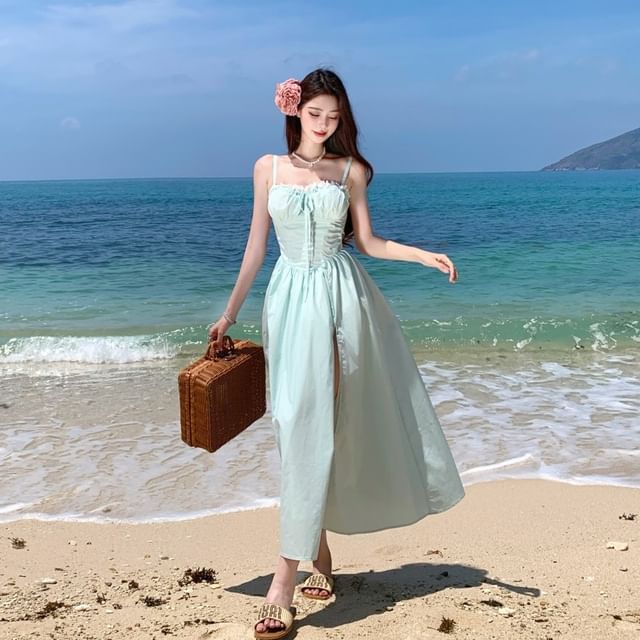 JIYON-Spaghetti Strap Plain Tie-Back Midi Sundress