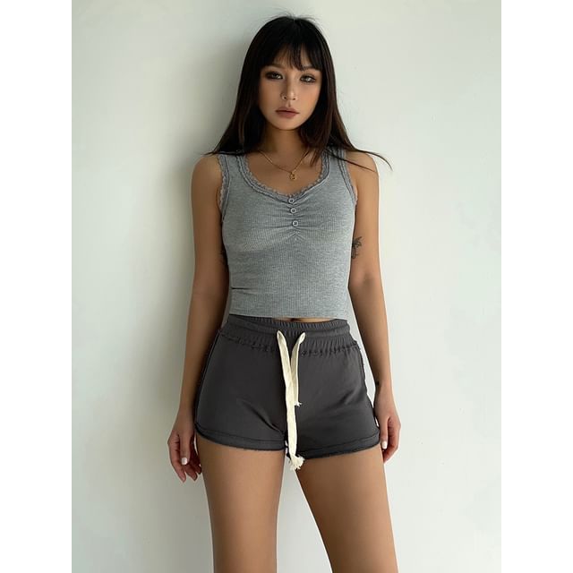 Colada-Drawstring High-Waist Cotton Shorts