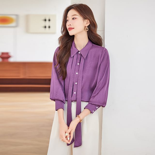 Skyheart-Long Sleeve Lapel Collar Tie Neck Plain Blouse