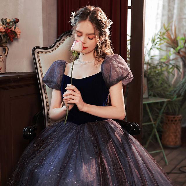 DreesHouse-Short-Sleeve Glitter Mesh Evening Gown