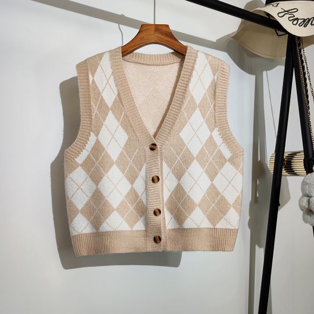 Women Argyle Sleeveless Sweater Single Breasted V-Neck Pockets Knitted Vest