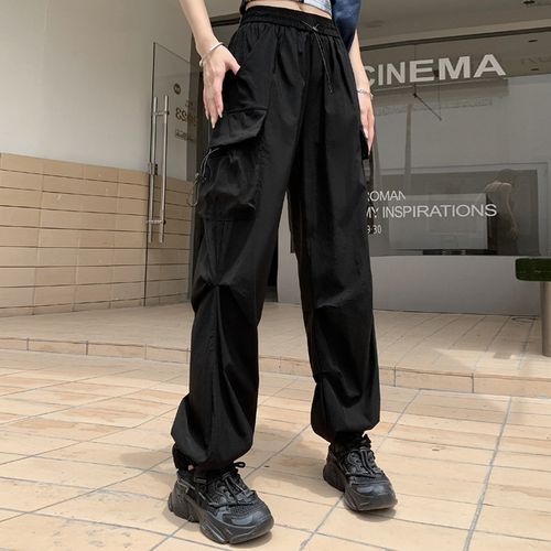 Drawstring Waist Plain Wide Leg Cargo Parachute Pants