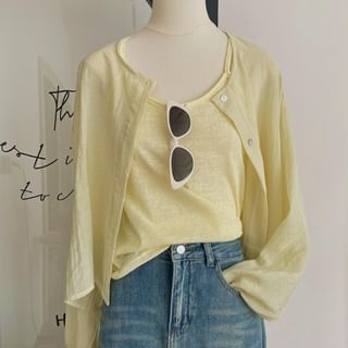 Yako-Set Plain Cardigan Crop Cami Top