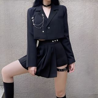 Malnia Home - Chain Detail Cropped Blazer / Asymmetrical Pleated Mini A-Line Skirt