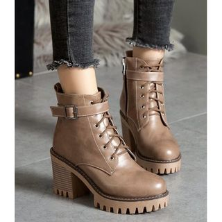 Freesia Chunky-Heel Belted Lace-Up Short Boots