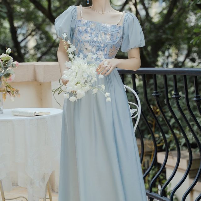 chinese dress ladies Women's Lace Dress Solid Color Long Sleeve Square Neck Party Floral Vintage Midi  Dresses Beige S at Amazon Women's Clothing store main image 1