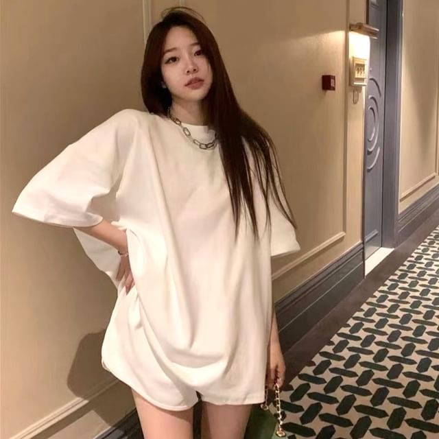 JVL-Set Elbow-Sleeve Plain Open Back Tee Plain Shorts
