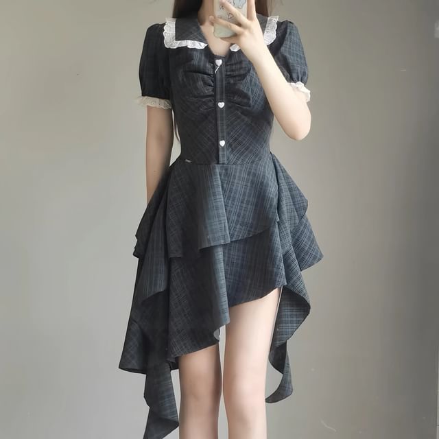navy blue dress for baby girl Leoom - Puff-Sleeve Plaid Asymmetrical Ruffle Trim Mini A-Line Layered Dress