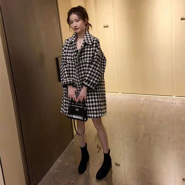 Everose-Houndstooth Button-Up Coat