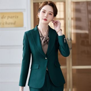 Skyheart Peak Lapel Plain Single-Button Blazer / Tie-Neck Shirt High Waist Straight