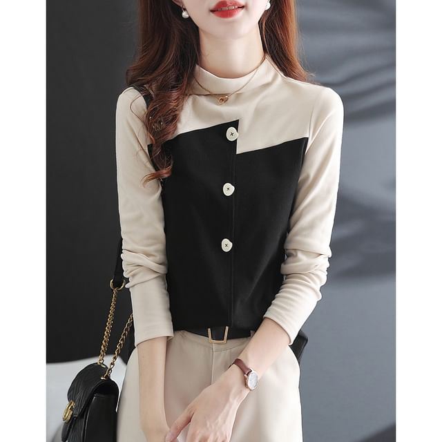 Jeonseon-Long-Sleeve Mock Neck Two Tone Button Blouse