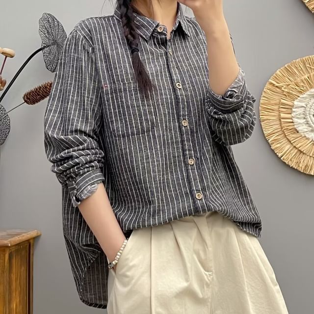 PANDAGO-Long-Sleeve Striped Button-Up Shirt