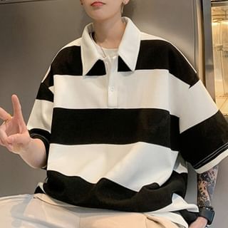 POSI-Elbow-Sleeve Striped Polo Shirt