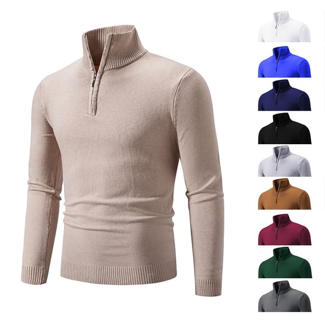 FORSETI-Long-Sleeve Mock Neck Plain Half-Zip Knit Top