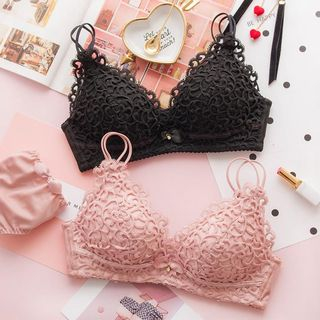 Gecko-Set Wireless Lace Bra Lace Panel Panties