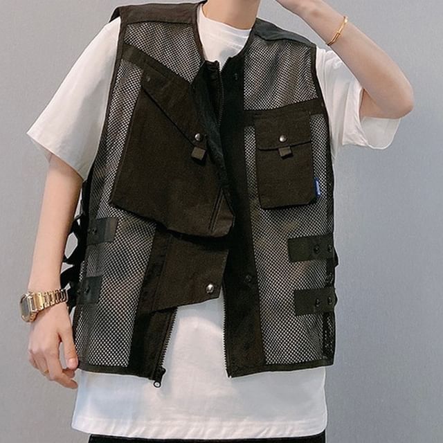 WidoWilder-Round Neck Plain Mesh Zip Cargo Vest