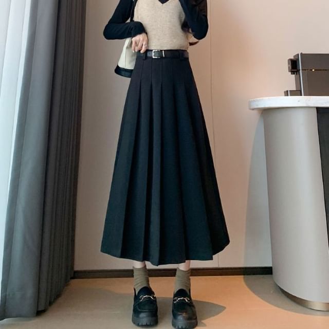 Cloud Nine-High Waist Plain Midi A-Line Pleated Skirt