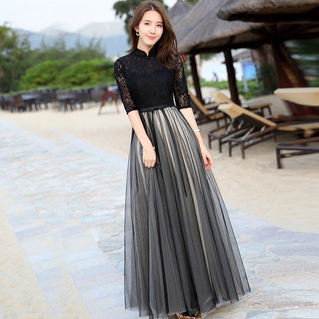 Elbow-Sleeve Lace Panel A-Line Prom Dress (Various Designs) Elbow-Sleeve Lace Panel A-Line Prom Dress (Various Designs)