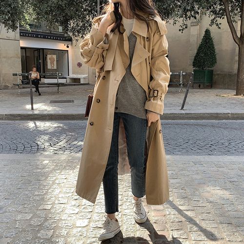 Ilona - Long Double-Breasted Side-Slit Trench Jacket | YesStyle