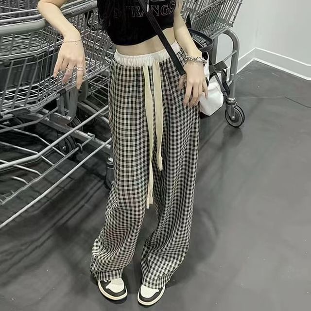 Everose-High Rise Gingham Wide Leg Pants