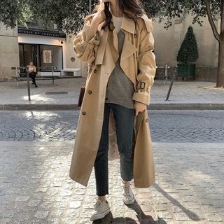 Ilona - Long Double-Breasted Side-Slit Trench Jacket | YesStyle