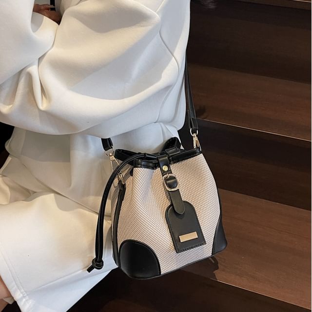Skyglow-Drawstring Faux Leather Bucket Bag