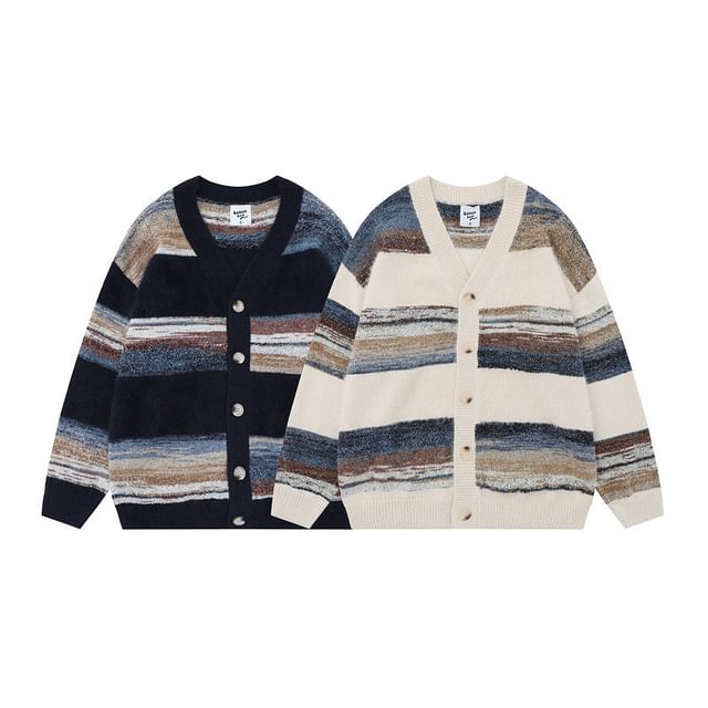 Double White-V-Neck Striped Button-Up Cardigan