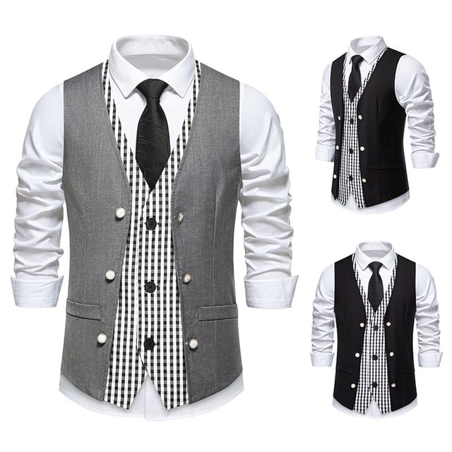 Fireon-Mock Two-Piece V-Neck Plaid Panel Button Vest