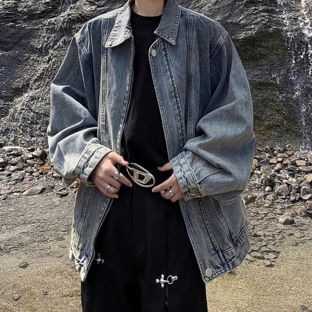emeisa-Lapel Collar Washed Denim Zip Trucker Jacket