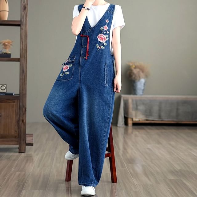 Lewwe - Floral Embroidered Washed Denim Dungaree | YesStyle